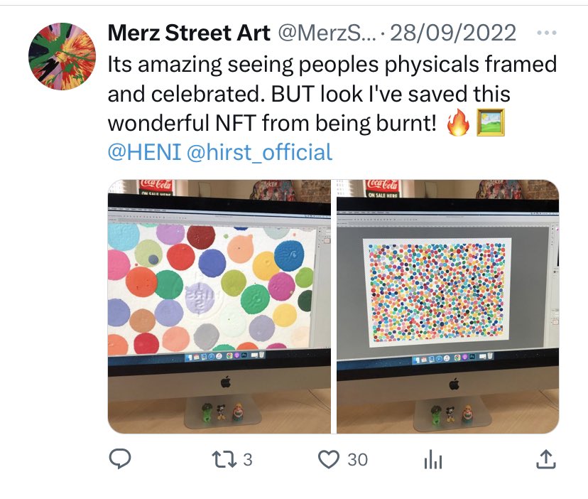 MerzStreetArt's tweet photo. @HENI #TheCurrency
I feel that the emphasis and drama of burning art has been very focussed on the physicals. But…think of those thousands of NFTs that are no longer in existence! They are Damien’s first &amp; IMO they will be important part of art history. A year on, no regrets. 🖼️ https://t.co/ncaSqqVKPL