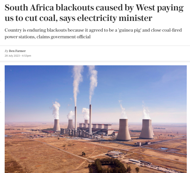 NetZeroWatch's tweet photo. Energy minister blames West for South Africa's blackouts because it agreed to be a 'guinea pig' and close its coal-fired power stations.  https://t.co/yzXHc7V6BQ https://t.co/QhybgTMKwf