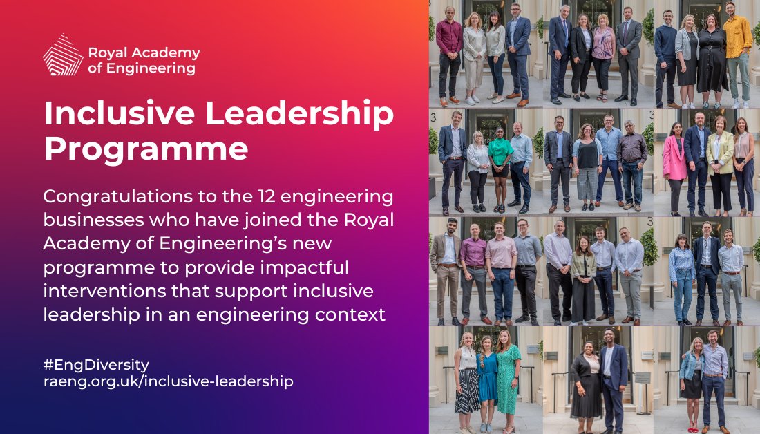 RAEngNews's tweet photo. The Inclusive Leadership Programme is an exciting opportunity for organisations to lead the engineering profession towards a more inclusive future. The 12 businesses chosen for the pilot have each assembled a multidisciplinary team of four individuals. https://t.co/JjZ1leUJB2 https://t.co/HRd4SOAOjc