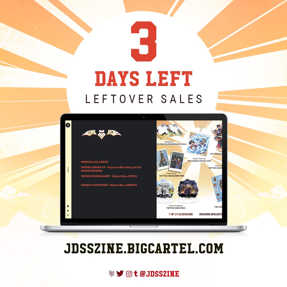 JDssZine's tweet photo. 💎 3 DAYS REMAINING 💎

🦇 Making a last minute decision? Act fast, because there are only 3 DAYS of our leftover sales remaining! Don't miss your last chance to snag zines and individual merch in our shop linked below! https://t.co/qGTnfh07UF