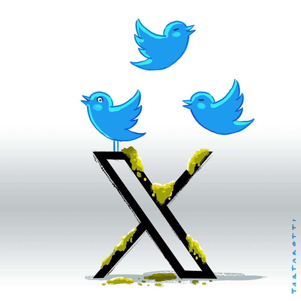 Non sapevo del cambio di logo di #twitter. 
Quando ho visto quella X nera col font spigoloso e classicheggiante, ho pensato che fosse rimasto in alto il logo di un utente di casapound che omaggiava la decima nell'immagineprofilo.
Mi piaceva di più il logo dell'uccellino azzurro.