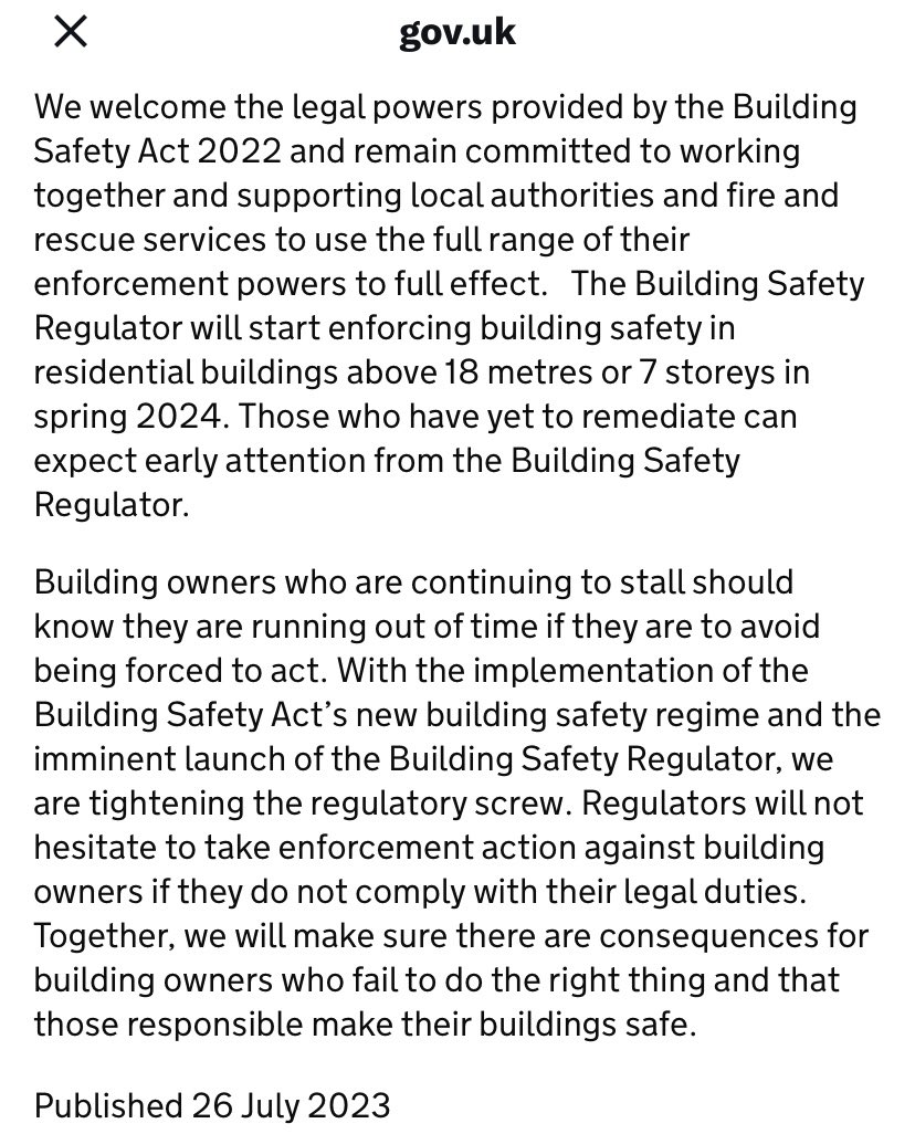Latest update from 🏴󠁧󠁢󠁥󠁮󠁧󠁿. Progress still far too slow but good to see LA &amp; Fire Services apply new 🏴󠁧󠁢󠁥󠁮󠁧󠁿legal powers against building owners. Laws denied to 🏴󠁧󠁢󠁷󠁬󠁳󠁿victims by <a href="/JulieJamesMS/">Julie James MS</a> &amp; <a href="/WelshGovernment/">Welsh Government</a>. 🏴󠁧󠁢󠁷󠁬󠁳󠁿 victims would welcome statements from <a href="/WelshLGA/">WLGA</a> &amp; <a href="/SWFireandRescue/">South Wales Fire and Rescue Service</a> <a href="/mawwfire/">Tân CGC / MAWW Fire</a>