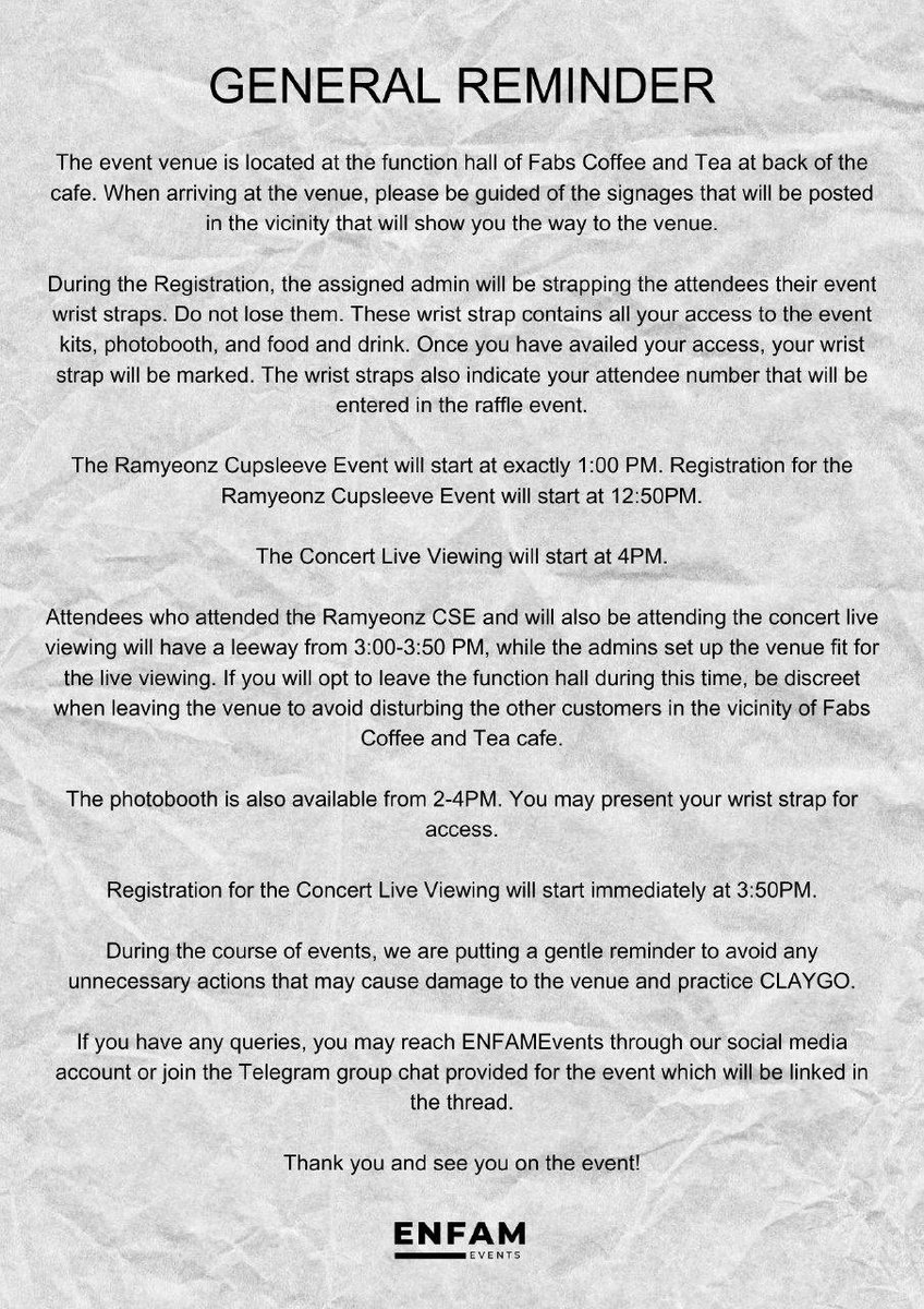 ENFAMEvents's tweet photo. Lightsticks ON, ENFAM!

Please be guided with our General Reminder for tomorrow's 2-in-1 special event.

#DearHEEJAKE
🕐 1PM
#FATEDsevEN
🕓 4PM

You may join our Telegram Group Chat or send us a dm if you have any queries!

See you there!

#ENFAMEvents https://t.co/O0y77vXF9T