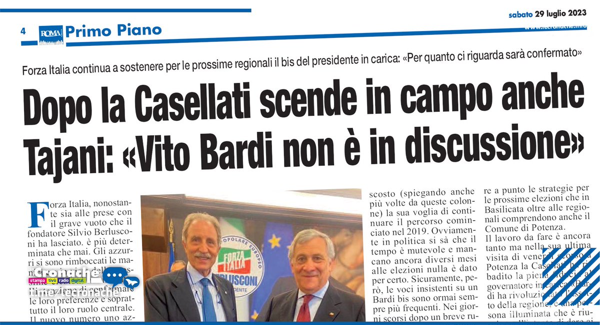cronachelucane's tweet photo. BARDI BIS, FORZA ITALIA IN ALL IN - Regionali  primo accordo nel cdx, secondo mandato anche per Cirio in Piemonte. Tajani: «Confermati i presidenti uscenti in Basilicata (FI) e Abruzzo (FdI)» - https://t.co/Xg3UZdTdUC https://t.co/wftWtRN7Hu
