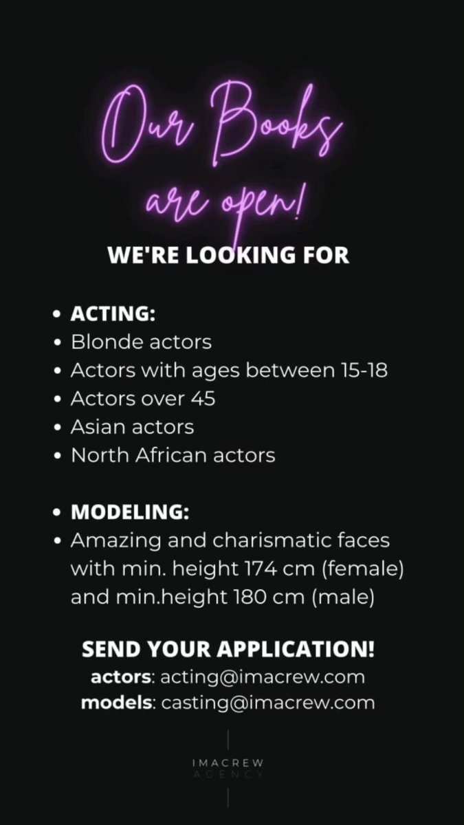 Our Books are open!!!
Send your application 😎
#CastingCall #actors #talentagency