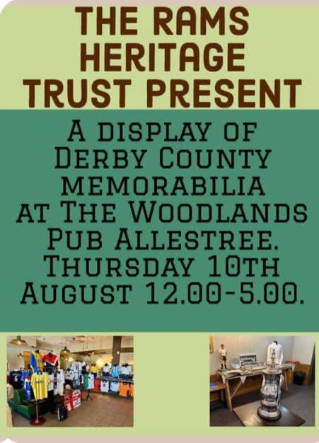 RamsHeritage's tweet photo. Catch us at The Woodlands pub in Allestree on Thursday 10th August for another display of #dcfc memorabilia for all the family 🐏 

Open 12pm till 5pm 🕰️

#dcfcfans https://t.co/0pXY6J4swt