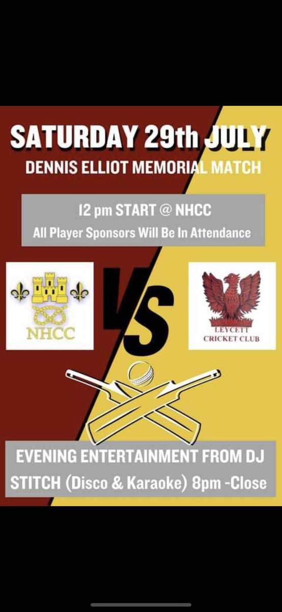 1921NHCC's tweet photo. Today at HQ, we play for the Dennis Elliott memorial trophy against Leycett. After the game, there is evening entertainment in the form of DJ Stitch. Come down and raise a glass to a great man. https://t.co/mzeEPBLqB0