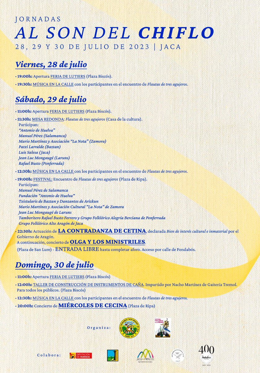 festivaljaca's tweet photo. ⭐️🥁🎶Jornadas ‘Al son del chiflo" en #Jaca
Feria de #lutieres en la Plaza Biscós y música en la calle, #Contradanza de #Cetina, conciertos...
ℹ️ https://t.co/KnwuJicqKO
@aytojaca
#JacaPirineos #Jaca #FestivalJaca #festivalfolklóricoJaca #yotambiéniréaJaca #venyviveelfestival https://t.co/cnlaaon0Nv