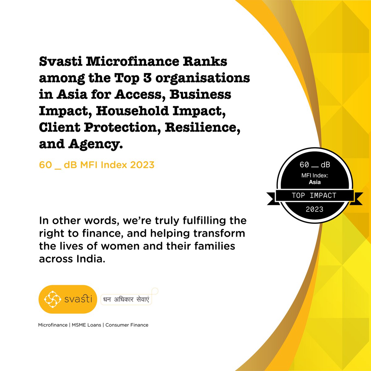 Svasti_IN's tweet photo. We are happy to announce that Svasti is the winner of a @60_decibels Top Impact Award, ranking among the Top 3 Asian financial service providers surveyed in the 2023 MFI Index!

#RightToFinance #SvastiMicrofinance #Microfinance #financialinclusion #womenentrepreneurs https://t.co/k0JyT6zmVl
