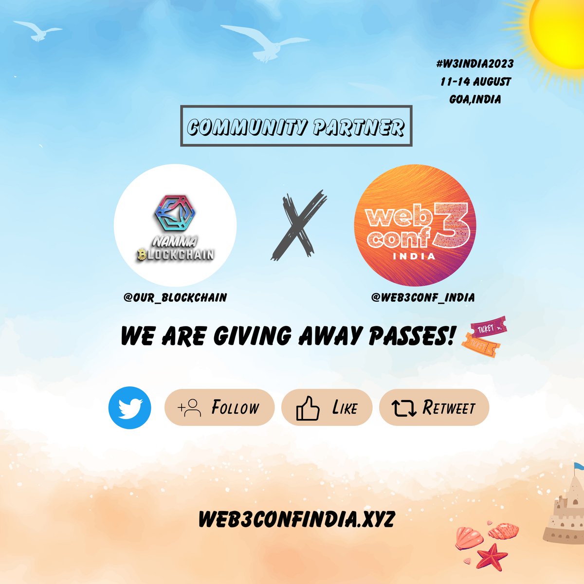 To commemorate <a href="/Our_Blockchain/">Namma Blockchain</a> teaming up with <a href="/web3conf_india/">Web3Conf India</a>  , the most anticipated community-centric web3 event of the year, we are giving away passes

1. Follow both accounts
2. Like and Retweet the tweet
3. Comment why you want to join and tag your 3 friends 😎