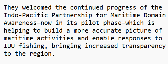 supbrow's tweet image. 2/ But they included a nice blurb on #IPMDA

IndoPacific Partnership for Maritime Domain Awareness, with a specific highlight regarding #IUUFishing and Transparency.