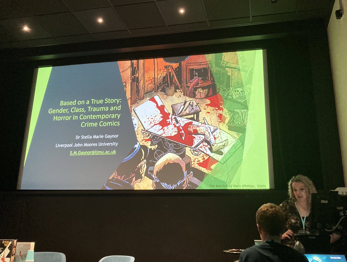 FearConference's tweet photo. @EarlyModBlood Up next is @StellaGaynor with her paper ‘Based on a True Story: Exploring Gender Violence, Trauma and Class Commentary in Contemporary Crime Comics’ #fear2000 🐺 https://t.co/vGI19Chi6J