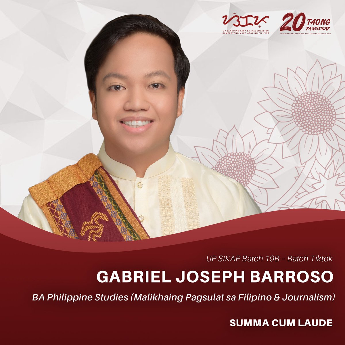 upsikap's tweet photo. Pagpupugay sa inyo, GJ Barroso (@GabrieIJosephB) at Lloyd Domingo (@RafaelLloyd7)! NagSIKAP kayo upang sumibol ang mirasol para sa iyo. 🌻

Padayon, mga SIKAPamilya! Paglingkuran ang sambayanan!

#Sablay2023
#UPSIKAP20
#20TaongNagsiSIKAP https://t.co/o96LXQVkjt