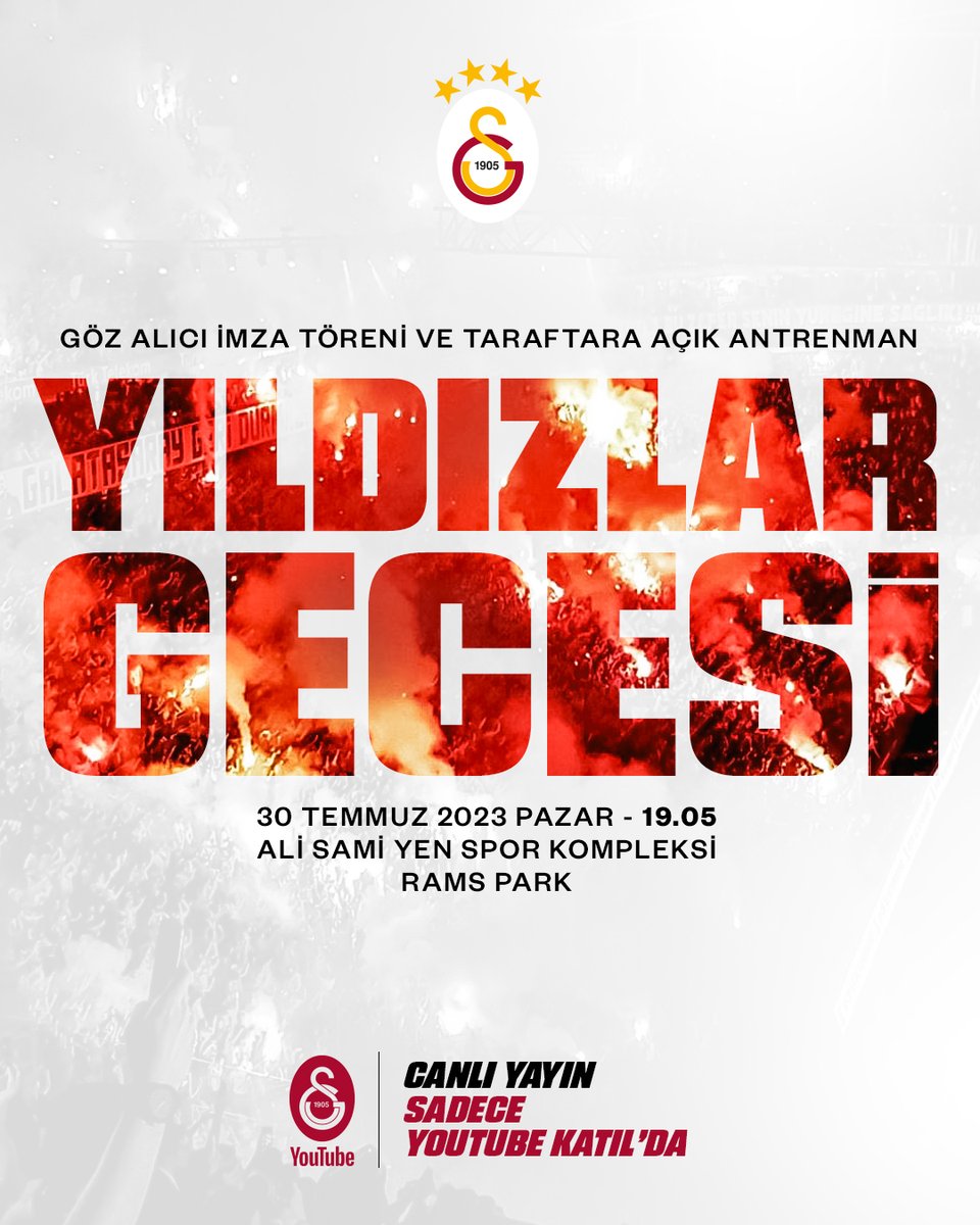 🏟 YARIN AKŞAM OMUZ OMUZA RAMS PARK'TAYIZ! 

🦁 Şampiyon Galatasaray taraftarı ile buluşuyor! 💛❤️

🔥 Göz alıcı imza töreni ve taraftarla kucaklaşma antrenmanı bir arada, RAMS Park’ta! 

🎫 Haydi sen de biletini al, Yıldızlar Gecesi'nde takımının yanında ol! 👊

🛒 Bedelsiz