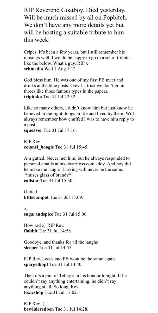 OTHH's tweet photo. It’s 16 years ago today that old Reverend_Goatboy from @popbitch popped his clogs. Just because I don’t think it exists as a public document, here’s the tributes that everyone on the messageboard left for him. 🧵 1/ https://t.co/NTO3Y0WS9A