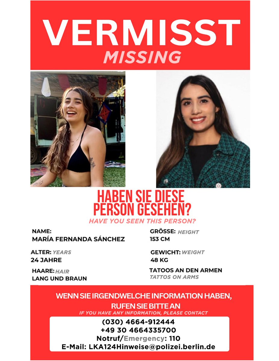 lanicaviajera's tweet photo. María Fernanda sigue desaparecida.
Se perdió contacto con ella el sábado 22 de Julio. Ella reside en el barrio de Adlershof en #Berlín
#Alemania
#BringBackMaff
#MaffTeBuscamos
#MaffBerlin
#missingperson https://t.co/BG838H0Vp7