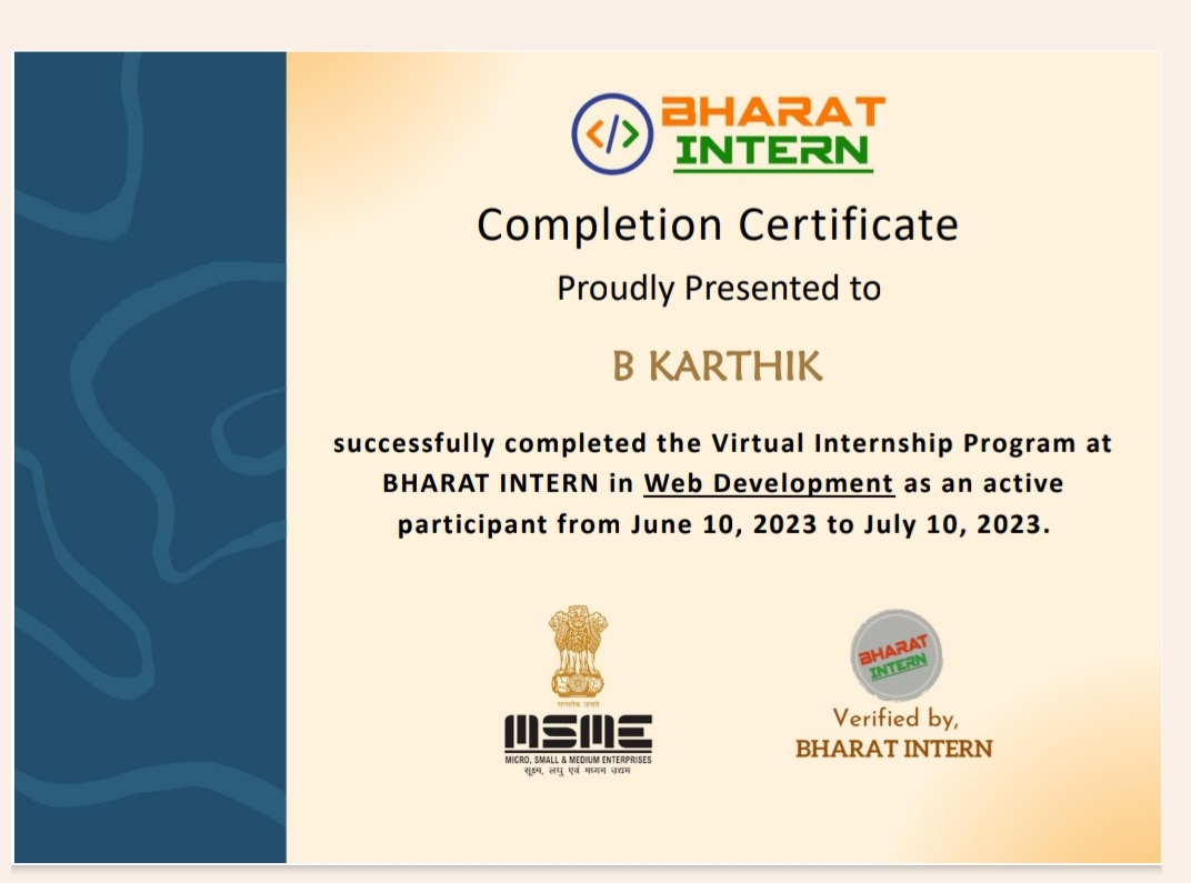 B__Karthik's tweet photo. Hello all 🥳

I am very excited to share my Internship completion Certificate as a  Web Development intern. 
This helped me learn new concepts.

#bharatintern #intern #completion  #webdevelopment #ThankYou https://t.co/mqYY4TaNGq