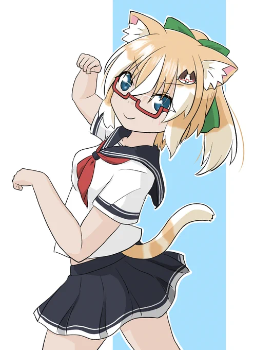 <ねこのかまえ!にゃー <うんうん、ねこっぽいねぇ #創作 #オリキャラ #ネコとイヌとメガネっ娘