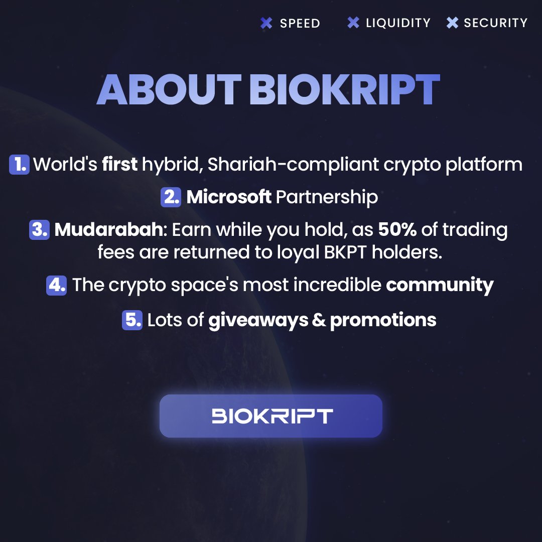 Discover the Crypto Revolution with Biokript! 

Join the world's first hybrid, Shariah-compliant crypto platform.

Partnered with Microsoft, we offer profit-sharing through Mudarabah for all token holders. 

Embrace the best crypto community, exciting giveaways, and promotions -