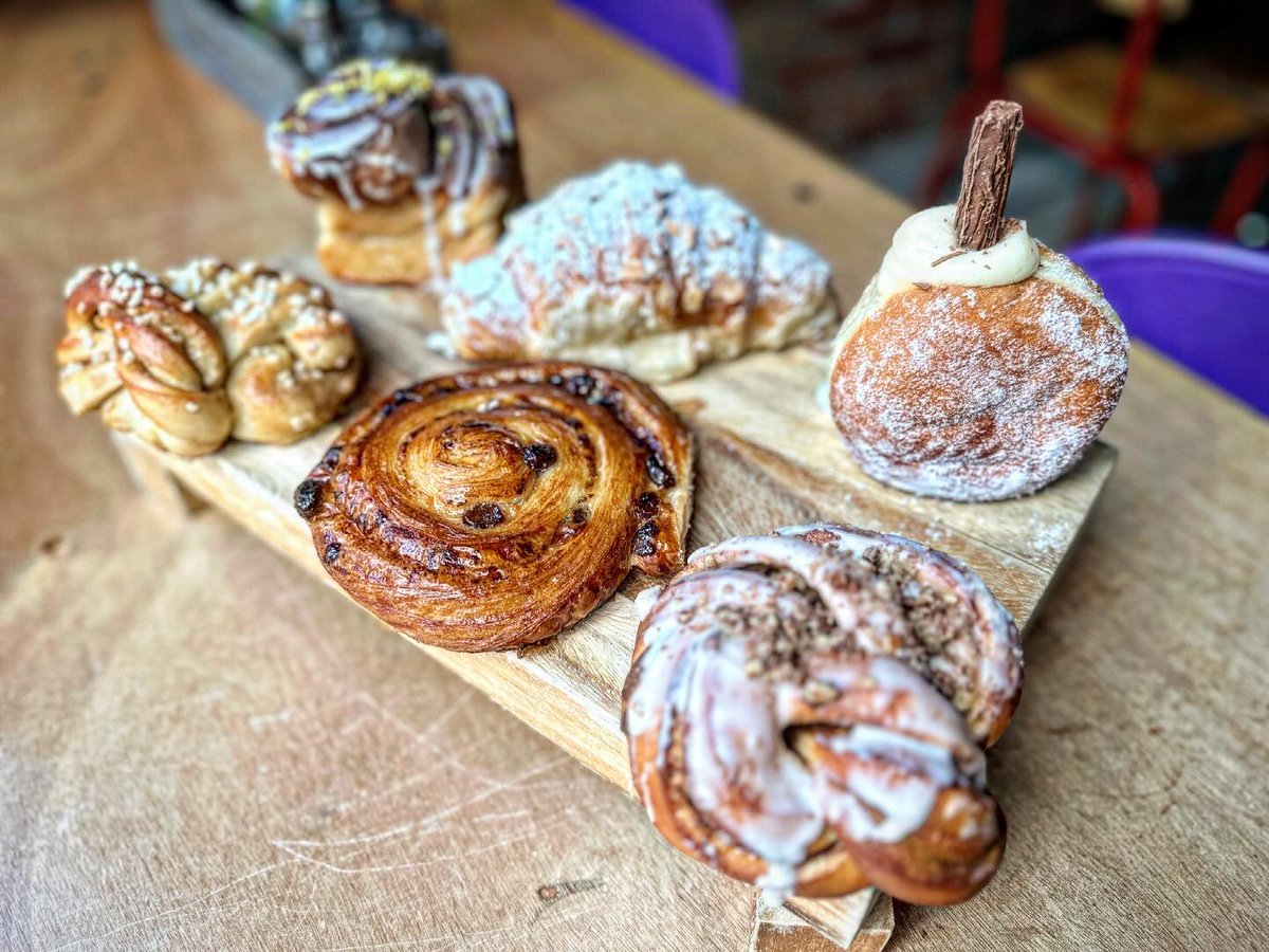 Saturday Pastries: Almond Croissant, Croissant, Pain au choc, lemon bun, cinamon bun, maple pecan bun, cardamom bun, crack pie, almond tart, 99 doughnuts, pain au raisin. #satrudaypastries