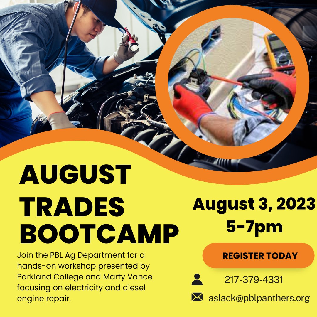 PBLFFA's tweet photo. High School Students- The August Edition of the Trades Bootcamp will be held on Thursday, August 3,  5-7 PM in the Ag Shop. This hands-on workshop will be facilitated by Marty Vance and Parkland College. Sign up by contacting Mr. Slack at 217-379-4331 or aslack@pblpanthers.org https://t.co/Hdeh49vjF3