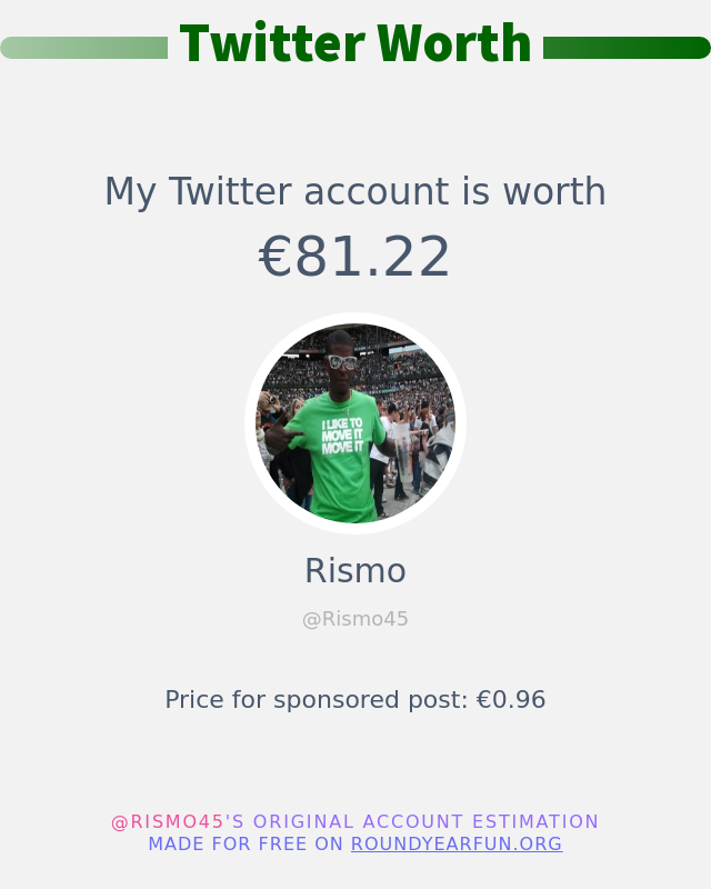 Rismo45's tweet photo. Mon twitter vaut: €81.22

➡️ https://t.co/9ml98VyYyt https://t.co/tbR2qlDhdr