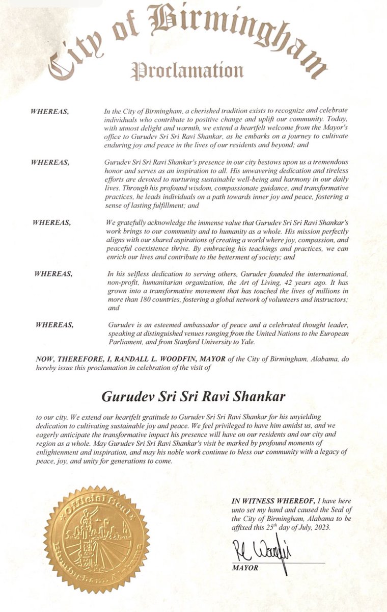 ArtofLiving's tweet photo. Mayors of the cities of Birmingham, Brentwood and Davidson in the United States, issued proclamations welcoming and recognising the efforts of Gurudev @SriSri in creating a stress free, violence free society! https://t.co/zS82o0lCoC