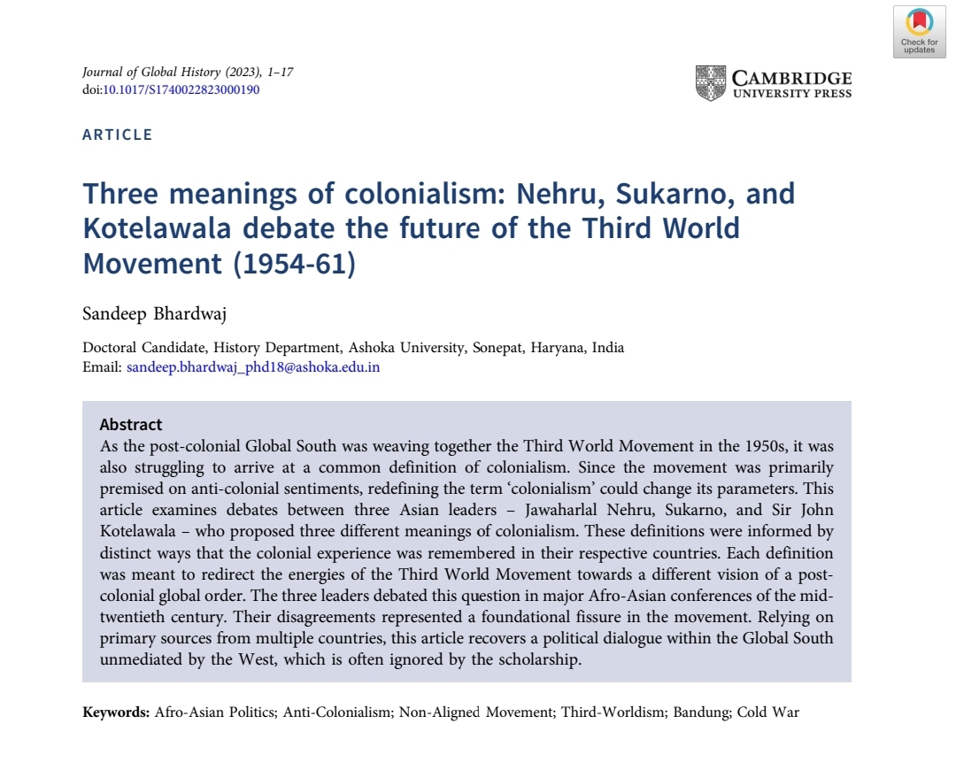 SBhardwaj_5's tweet image. Delighted to share my latest article on the internal politics of the Third World Movement in @GlobalHistJnl . It is open access thanks to @AshokaUniv. (1/7)

cambridge.org/core/journals/…