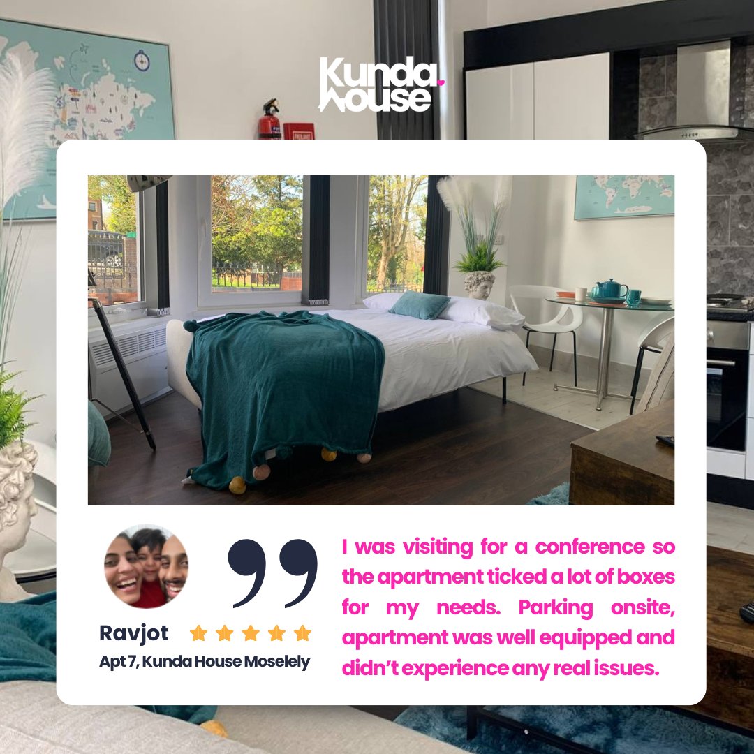 kundahouse's tweet photo. 🌟 'Tick a lot of boxes for my needs!' - Ravjot ⭐️ Just returned from an amazing conference trip and Kunda House Moseley apartment made it an absolute breeze. Onsite parking, well-equipped amenities, and no issues to worry about. Highly recommended! https://t.co/2EJTQRJrbc