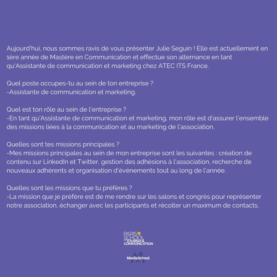 📌Aujourd'hui, nous sommes ravis de vous présenter Julie Seguin !
Elle est actuellement en 1ère année de Mastère en Communication et effectue son alternance en tant qu'Assistante de communication et marketing chez ATEC ITS France. 🤗