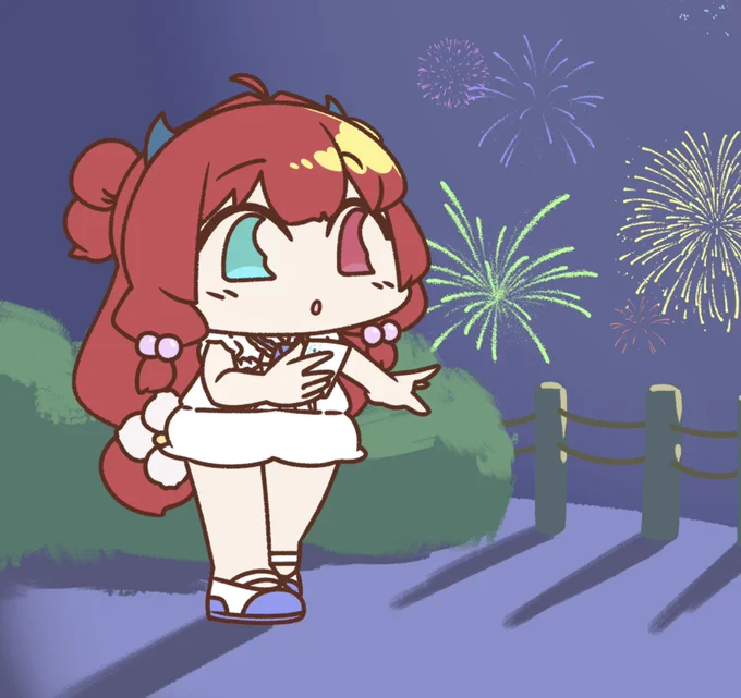 ロアちゃんと花火  ロアちゃん7月もあとちょっとだけど夏の景色はどうかな? 夏の朝の景色も夜の景色も場所によっても色々あって楽しいよね でも暑すぎは勘弁だ 夏は8月もあってまだまだいっぱいだからロアちゃん色んな夏を楽しんで〜だ  ロアちゃんに色んな夏景色を〜  #ロアート
