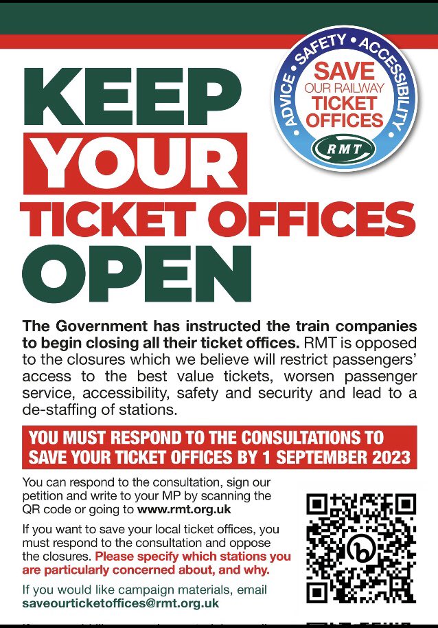 orgreavejustice's tweet photo. Solidarity with @RMTunion &amp; railway workers on strike today to defend jobs, pay, conditions &amp; our railways 
#StaffOurStations #SaveTicketOffices #SupportRailWorkers https://t.co/aWXlYPVFSa