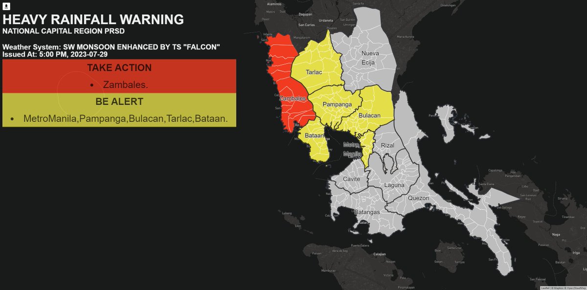 dost_pagasa's tweet photo. Heavy Rainfall Warning No. 30  #NCR_PRSD
Weather System: SW MONSOON ENHANCED BY TS "FALCON"
Issued at: 5:00 PM,29 July 2023
Red Warning: #Zambales.
Associated Hazard: Serious FLOODING is expected in flood-prone areas
Yellow Warning: #MetroManila, #Pampanga, #Bulacan, #Tarlac, #Bataan.
Associated Hazard: FLOODING in flood-prone areas
Meanwhile, Expect light to moderate with occasional heavy rains over #NuevaEcija, #Laguna, #Quezon within the next 2-3 hours.
Light to moderate with occasional heavy rains affecting #Cavite, #Batangas, #Rizal which may persist within 3 hours.
The public and the Disaster Risk Reduction and Management Offices concerned are advised to MONITOR the weather condition and watch for the next advisory to be issued at 8:00 PM Today.
For more information and queries, please call telephone numbers 8922-1992 and 8927-1335 or log on to https://t.co/UVDoibkVeg.