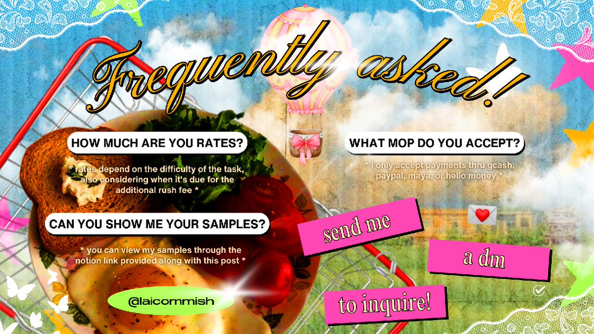 hello there! 🌸🎐🖼️🍀🐚
 
it's lai, your one-stop commissioner for all your graphic and written related needs. send me a dm to help you out ! ☆
 
🌀 ⊰⁠⊹ portfolio:  laicommish.notionlinker.com