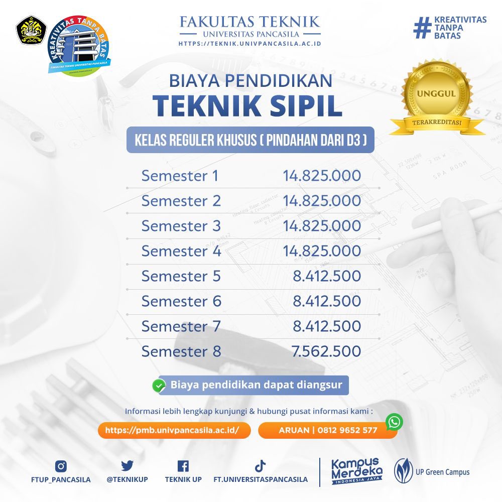 Kamu ingin masuk jurusan Teknik Sipil? FTUP bisa jadi tempat yang tepat untuk kamu belajar! Simak biaya pendidikannya pada gambar di atas, ya!
 
Daftar:
Link Website : pmb.univpancasila.ac.id 
No. Telp : 0812 9652 577 (Aruan)
#FTUP #KreativitasTanpaBatas #TeknikSipil