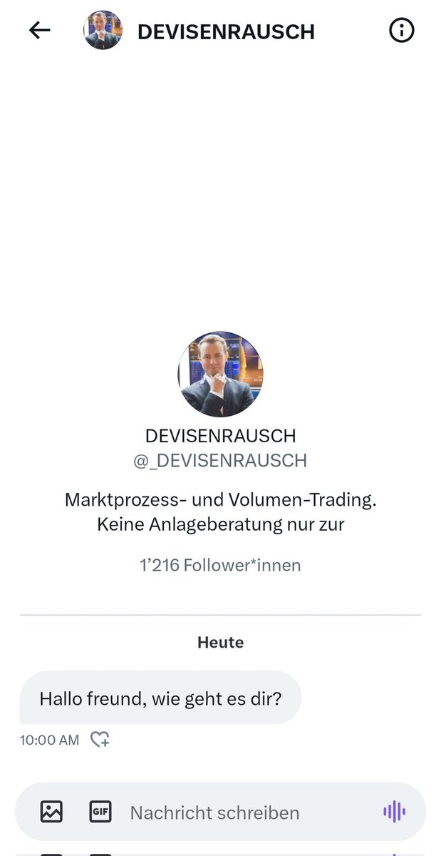 DEVISENRAUSCH's tweet photo. Achtung Fake Account! Ich schreibe niemand an!
Zu erkennen am _. https://t.co/xawVru8EnJ