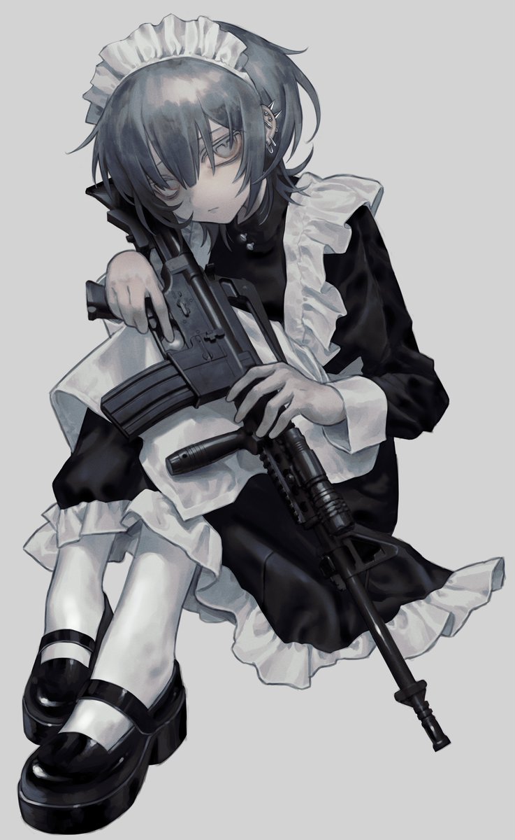 weapon gun solo maid maid headdress 1girl rifle  illustration images