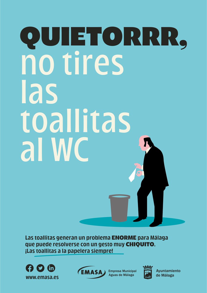 malaga's tweet photo. “¡Las toallitas a la papelera siempre!”. Este es el eslogan de la nueva campaña de concienciación de @EMASAMalaga para evitar que se arrojen toallitas al inodoro. La iniciativa está inspirada en la imagen de Chiquito de la Calzada. Más información 👉 https://t.co/0Z83XHDKZ4 https://t.co/b73q03Stg6