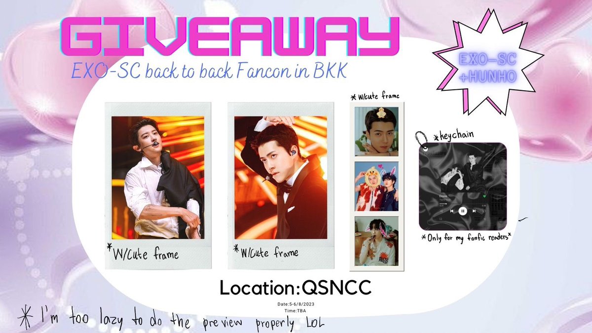 pony_1KR's tweet photo. ˚◞♡  ⃗  Pls kindly rt ·˚ ₊˚ˑ 

🍃Giveaway @ EXO-SC in BKK🔥

✨Chanyeol Polaroid 
✨Sehun Polaroid 
✨Hunho Photo Booth 
✨Hunho keychain 

Location: QSNCC
Date: 5-6aug 2023
Time: TBA

🍒rt &amp; show this tweet n your tix 🍒

#EXOSC_BackToBackinBKK #EXOSCinBKK https://t.co/aSSUr28n9D