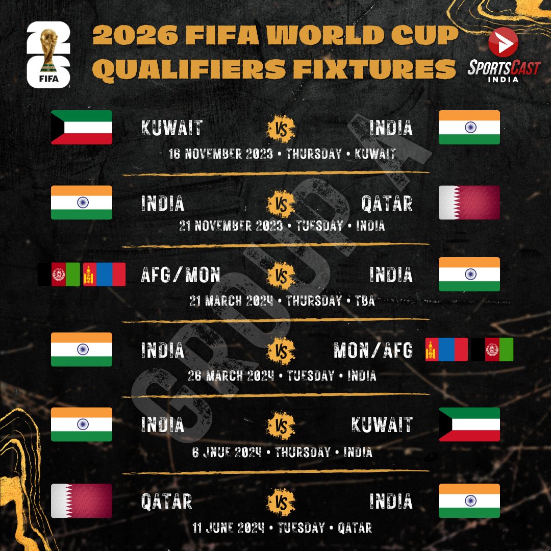 Get your calendars marked! 📝😍

Indian Football Team's journey for the 2026 World Cup begins on 16th November, in an away game against Kuwait! ⚔️🇰🇼🇮🇳

The qualifiers will go on till June 2024! ⭐

#IndianFootball #WCQualifiers #FIFAWC2026