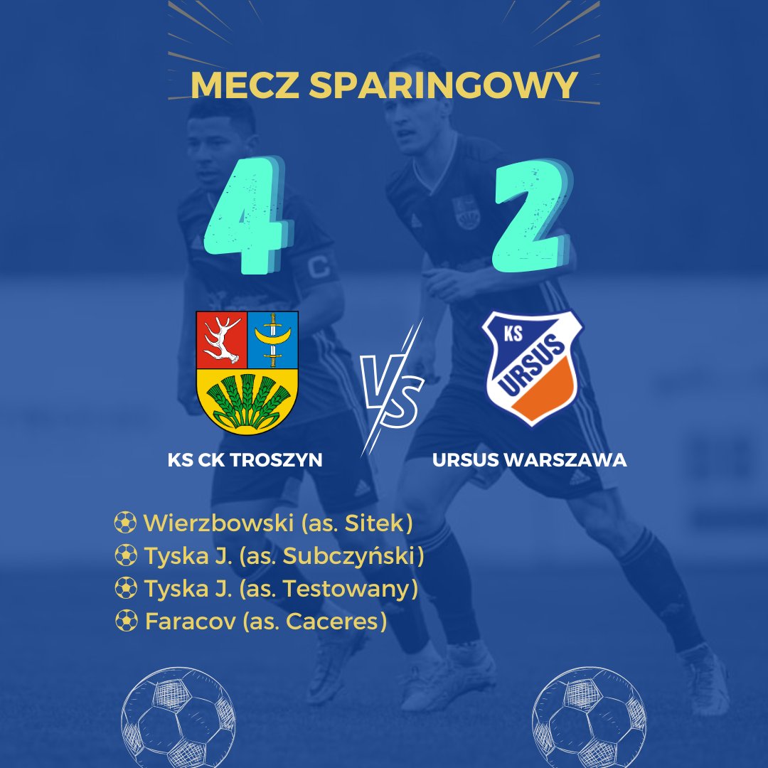 KSCKTroszyn's tweet photo. W ostatnim meczu sparingowym wygrywamy z @UrsusKs 4:2 (1:1). Już za tydzień zaczynamy rozgrywki ligowe! ⚽🔥 W sobotę o godzinie 19:00 zmierzymy się w Warszawie z Hutnikiem Warszawa 🤜🤛⚽ https://t.co/pT5VRw7WCM