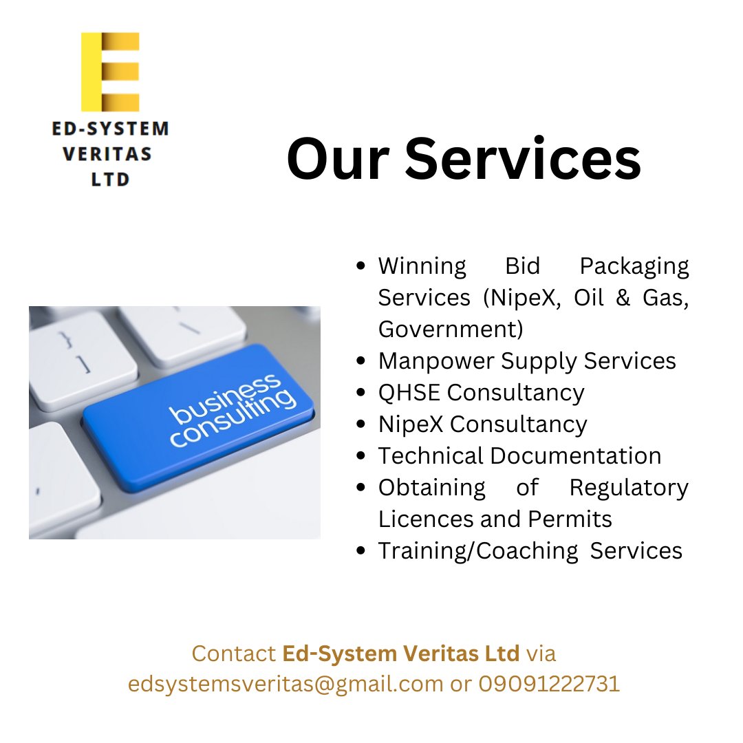 edsystemveritas's tweet photo. We provide the highest quality of consultancy services. #bidding #tendering #tender #NipeX #NUPRC #technicaldocumentation #QA/QC #QUALITYMANAGEMENT #HSE #safety #methodstatement #training #manpowersupply #oilandgas #ncdmb #nogicjqs #nnpcl #nuims https://t.co/qMxfgkng9X