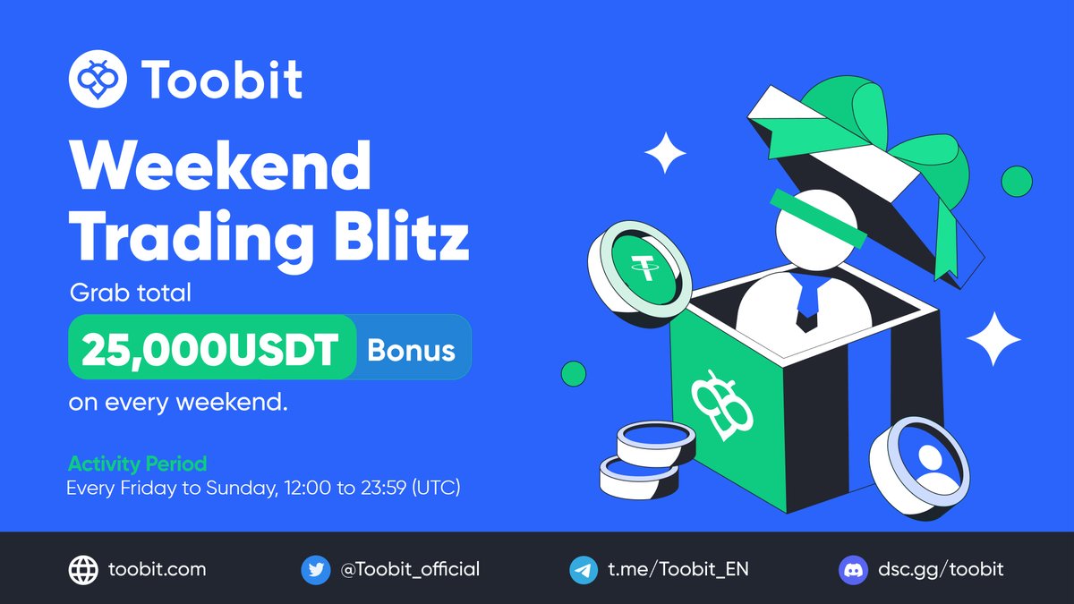 Toobit_official's tweet photo. Happy Weekend! π
It's time to turn your weekends into profit-boosting adventures with Toobit's #WeekendTradingBlitz!
π
Activity Period: Friday to Sunday
β° Time: 12:00 to 23:59 (UTC)
More details π½
https://t.co/yFvO72jgHY
#Toobit #Weekendvibe #Giveaway #Crypto #BTC https://t.co/mRXFRUYRl2