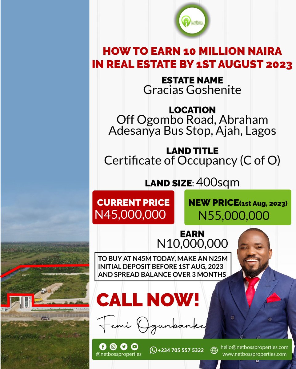 Netbossproperty's tweet image. #LagosLandForSale
#Investment
#Earn
#investmentopportunities
#investmentstrategy
#investmentproperties
#propertyinvestment
#realestateinvestment
#privateinvestors
#privateequity
#lagosnigeria
#lagosproperties
#ajah