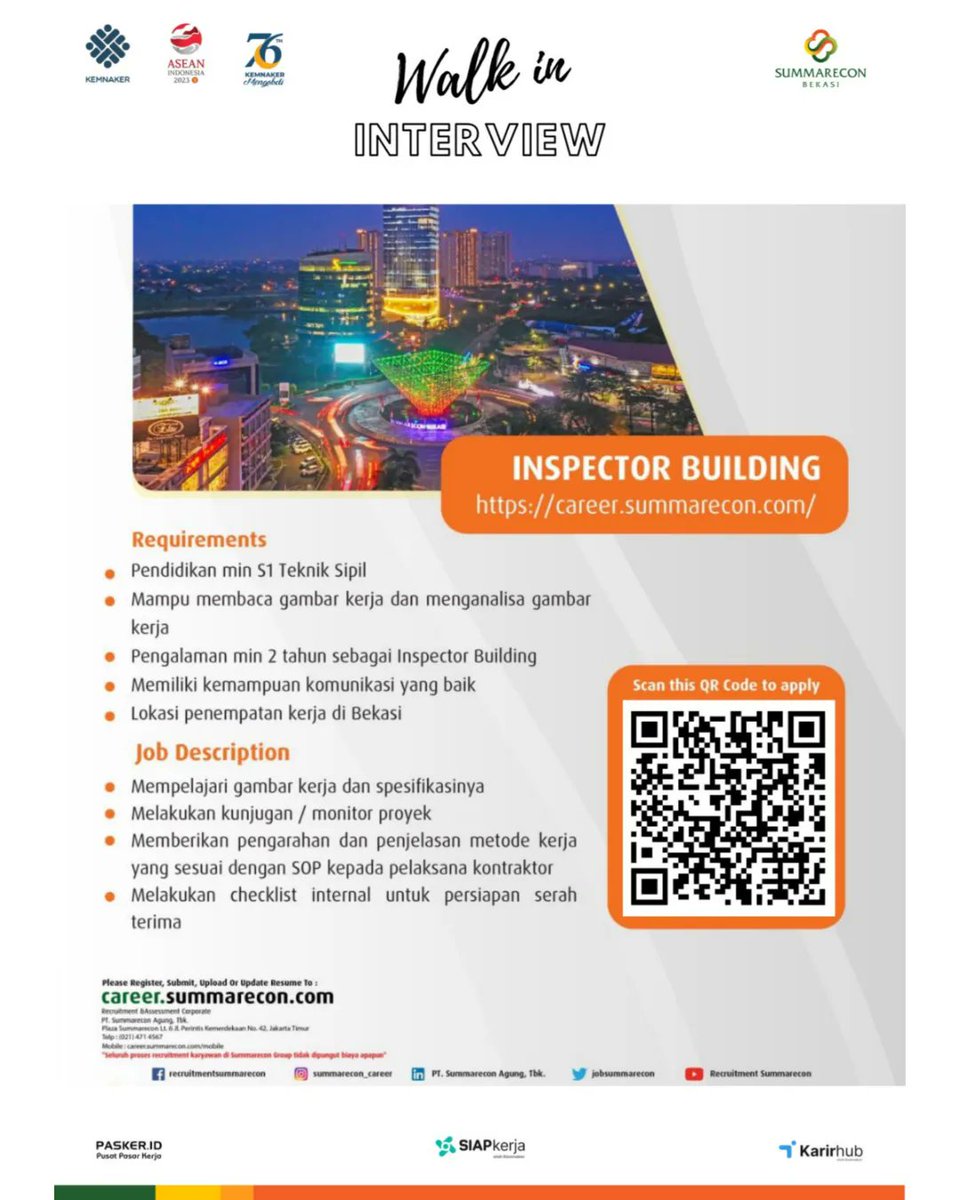 Halo Jobers...!!
Ada info menarik nih untuk kamu. 
Summarecon Bekasi sedang membuka lowongan Officer Accounting, Officer Finance dan Inspector Building !

Scan barcode utk mendaftar Walk In Interview di Pusat Pasar Kerja, 3-4 Agustus 2023,jam 10.00-15.00 WIB.

Daftar segera ya...