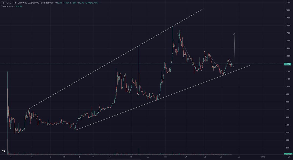 CryptoZeinab's tweet photo. $TET is looking promising with a rising wedge pattern and bullishness near support.

Multiple exchange listings and stability add to the optimism. Exciting news on their incubated project collaboration.

Fingers crossed for the next leg up to $50! https://t.co/Gz4Rg65wjf