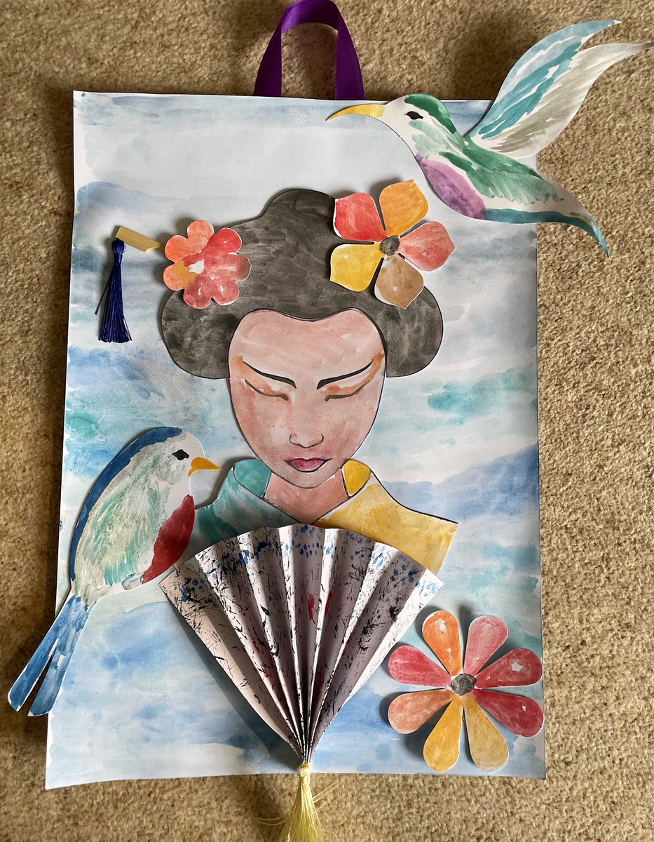 CoventryMojo's tweet photo. Another very special 121 @creativemojo art workshop yesterday. Our client used to love painting with watercolours, so today she created this stunning Asian Natsu lady, using a range of different techniques🥰#sorewarding #arttherapy #socialprescribing @ageukcw @DementiaFriends https://t.co/bDIqQfmchf