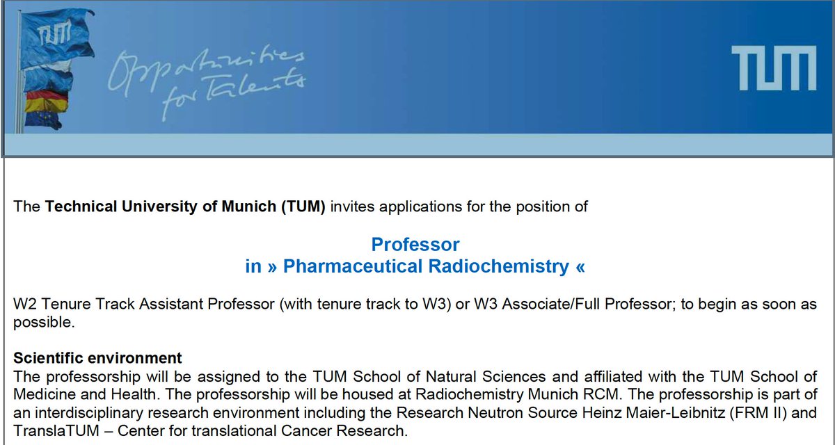 Very happy to be able to advertise this new position at TUM in pharmaceutical radiochemistry! Look forward to the hiring of a new colleague to collaborate with ;-) @ESMI_society @SieberLab @buchnerlab_tum @CathleenZeymer @BoekhovenLab @Sattler_lab academics.com/jobs/preview/1…