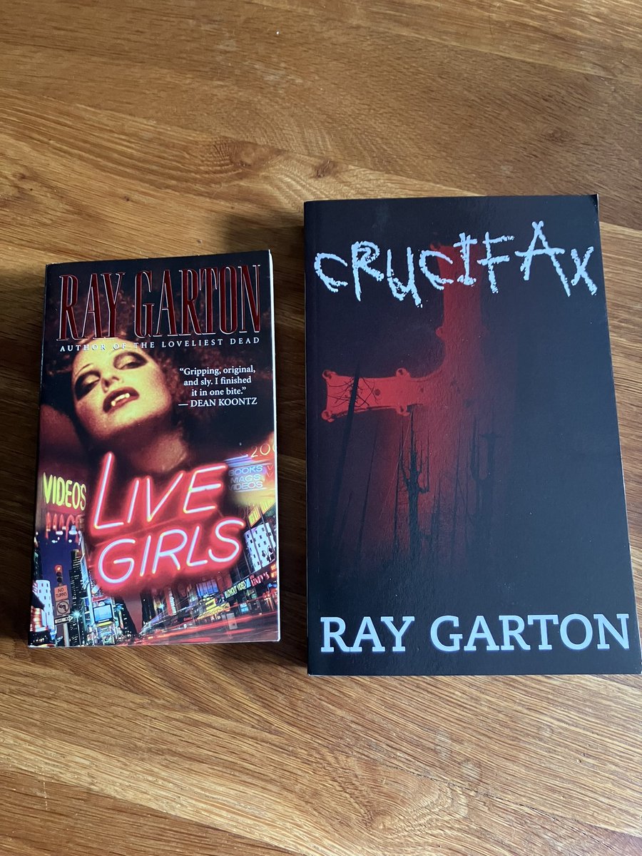 MattPayne1973's tweet photo. A couple of later editions of some essential #paperbacksfromhell by #raygarton Ray Garton. Live Girls is a great, sleazy vampire novel, Crucifax is a great, sleazy pied piper novel. I need to get hold of some more Garton. https://t.co/u4x5rayhuX