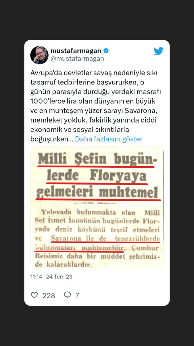 mustafarmagan's tweet photo. Elin İngiliz Kralı bile ortada savaş mavaş da yokken sırf masraflı olduğu gerekçesiyle yatı kullanmayıp batırıyor.

Bizde ise Milli Şef denilen İnönü hem de Avrupa  2. Dünya Savaşı'nın pençesinde kavrulurken dünyanın en pahalı ve en lüks yatı Savarona ile tenezzühlerine fasılasız devam ediyordu.

E tabi biz Britanya gibi fakir bir memleket değiliz ki o yıllarda

6 Ağustos 1936 Akşam